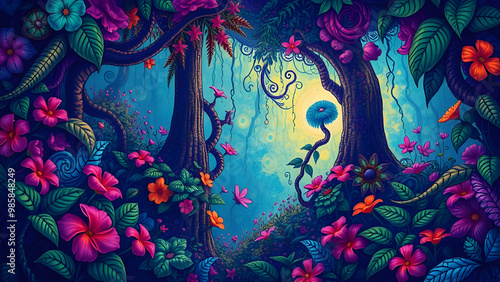 Vivid tropical forest teeming with colorful flowers and enchanting flora