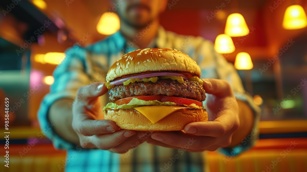 Man in casual attire enjoying a large hamburger in a vibrant diner setting, focusing on the juicy burger in his hands, surrounded by retro decor and warm lighting Man in casual attire enjoying a large hamburger in a vibrant diner setting, focusing on the juicy burger in his hands, surrounded by retro decor and warm lighting