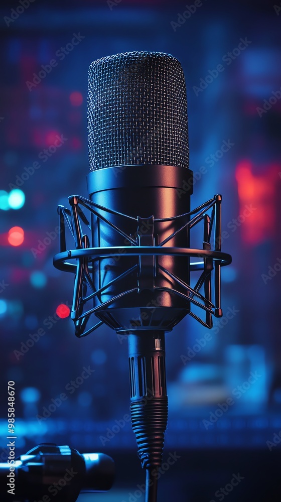 Close-up of a professional microphone with a pop filter in a dark room lit by colorful lights. Close-up of a professional microphone with a pop filter in a dark room lit by colorful lights.