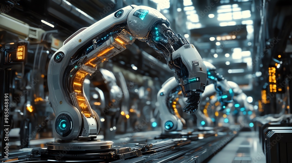 Close-up of a robotic arm in a futuristic factory setting, with several other robotic arms in the background. Close-up of a robotic arm in a futuristic factory setting, with several other robotic arms in the background.
