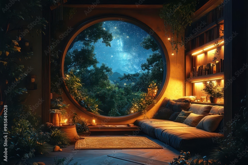 cozy lofi illustration of a treehouse interior with soft warm lighting lush plants and a view of a starry night sky through a circular window
