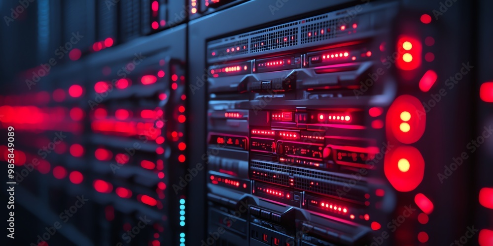 Naklejka premium Close-up of a server rack with red lights.