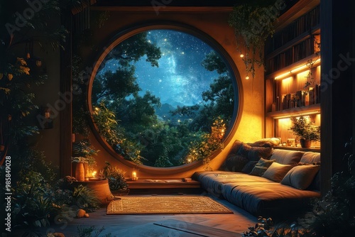 Obraz na płótnie cozy lofi illustration of a treehouse interior with soft warm lighting lush plants and a view of a starry night sky through a circular window w salonie