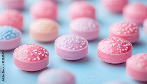 Colorful Pills Arranged on a Blue Background with Copy Space for Text, Perfectly Capturing the Vibrancy of Pharmaceuticals and Nutraceuticals, Ideal for Health and Wellness Themes 