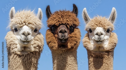 Three amusing alpacas, distinctive for their fluffy fleece, stand together against a clear blue sky. These comical animals, native to South America, are known for their gentle nature