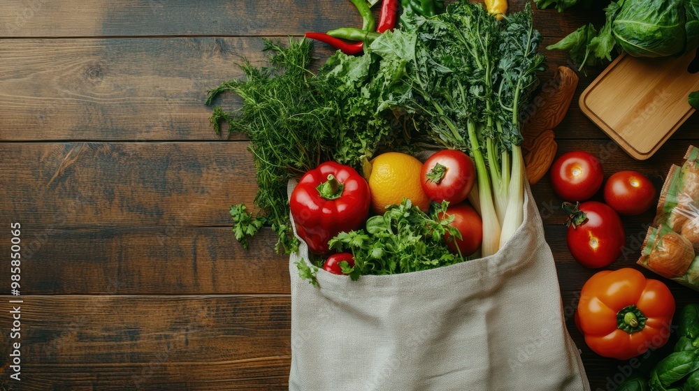 op view of a reusable canvas bag filled with fresh organic vegetables and fruits on a wooden table, surrounded by eco-friendly packaging and sustainable kitchen items op view of a reusable canvas bag filled with fresh organic vegetables and fruits on a wooden table, surrounded by eco-friendly packaging and sustainable kitchen items