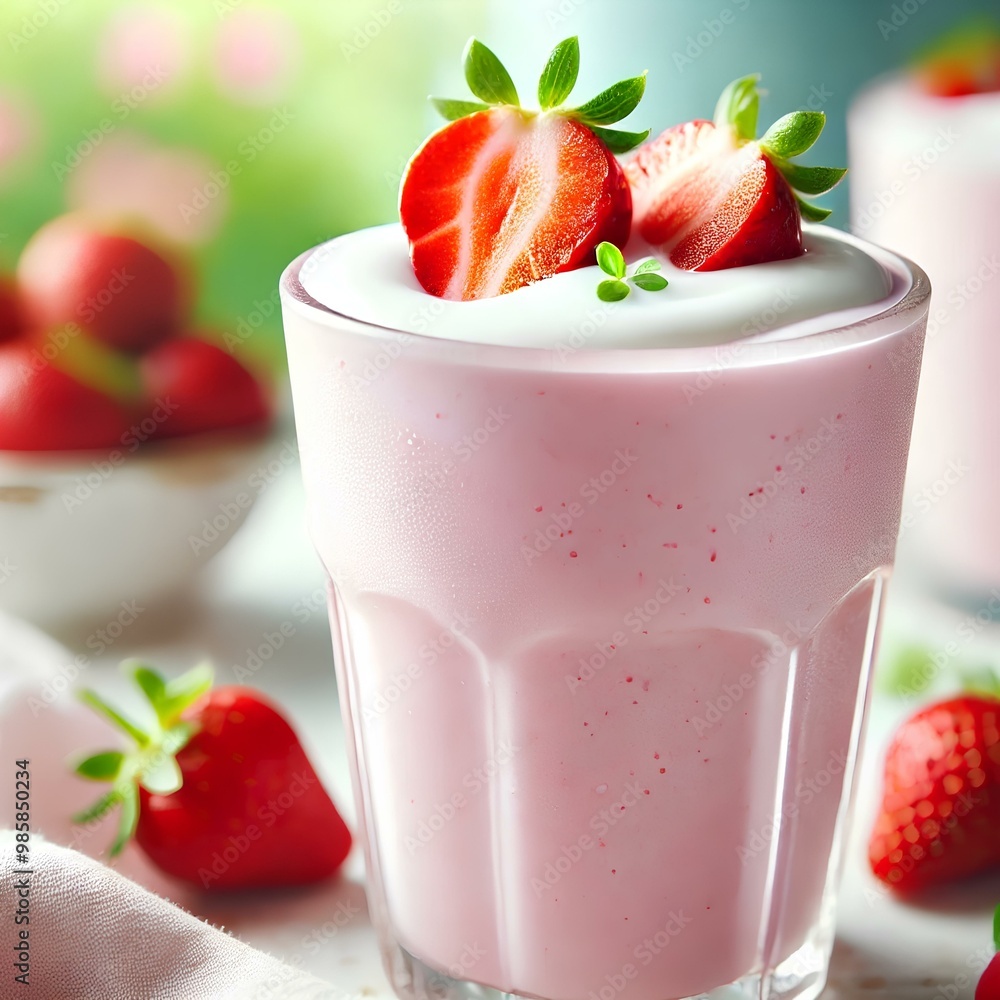 Φωτογραφία A creamy strawberry yogurt smoothie in a chilled glass, topped with fresh strawberry slices and condensation on the sides