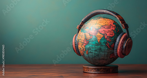 An Earth with Headphones On, Representing the World’s Global Connection Through Music and Sound, Symbolizing Unity and Diversity in Melodic Harmony Across Cultures 