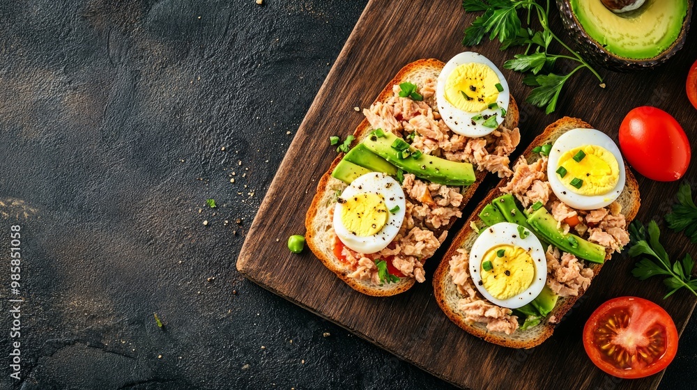 Open sandwiches with canned tuna, boiled egg, avocado for snack or lunch. banner, menu, recipe place for text, top view Open sandwiches with canned tuna, boiled egg, avocado for snack or lunch. banner, menu, recipe place for text, top view