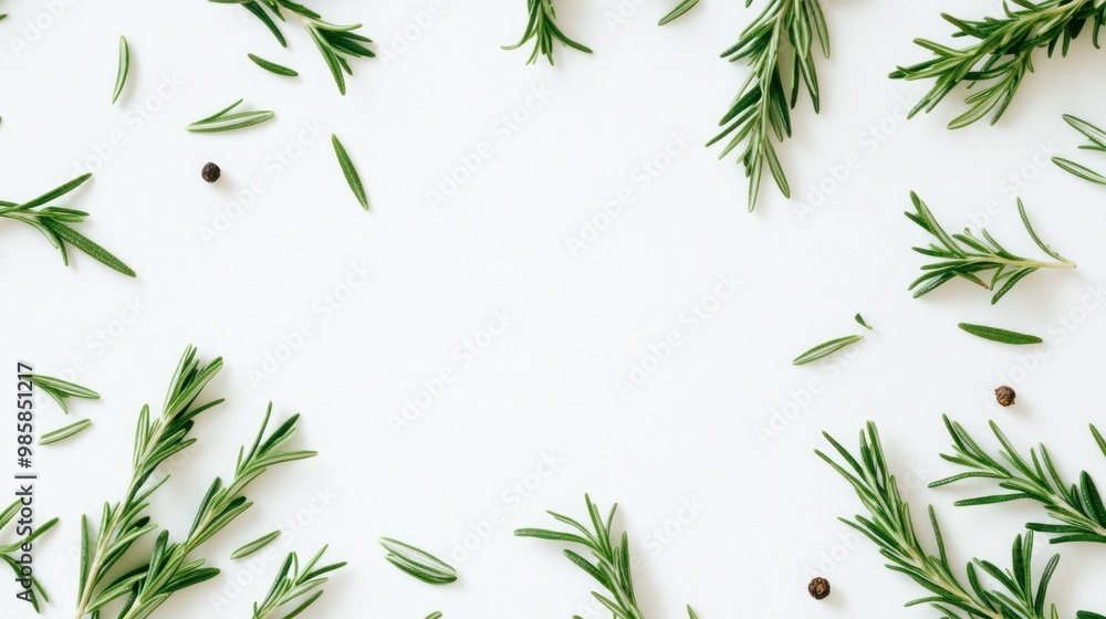 photograph of Fresh green organic rosemary leaves and peper on white background telephoto lens summer daylight cool color photograph of Fresh green organic rosemary leaves and peper on white background telephoto lens summer daylight cool color
