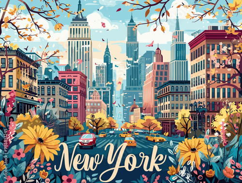 A colorful cityscape of New York with a yellow taxi cab driving down a street. The city is full of life and energy, with tall buildings and a bustling atmosphere. The sky is filled with clouds