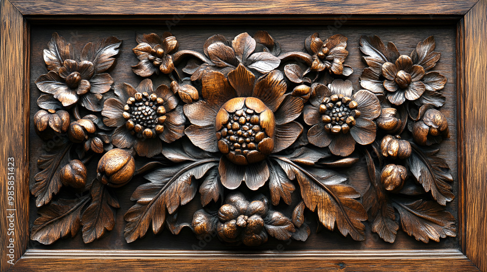 a close-up of a wooden panel with an intricate floral design. The panel is made of dark wood and has a dark brown finish. The design is made up of various flowers and leaves, with a central flower in a close-up of a wooden panel with an intricate floral design. The panel is made of dark wood and has a dark brown finish. The design is made up of various flowers and leaves, with a central flower in
