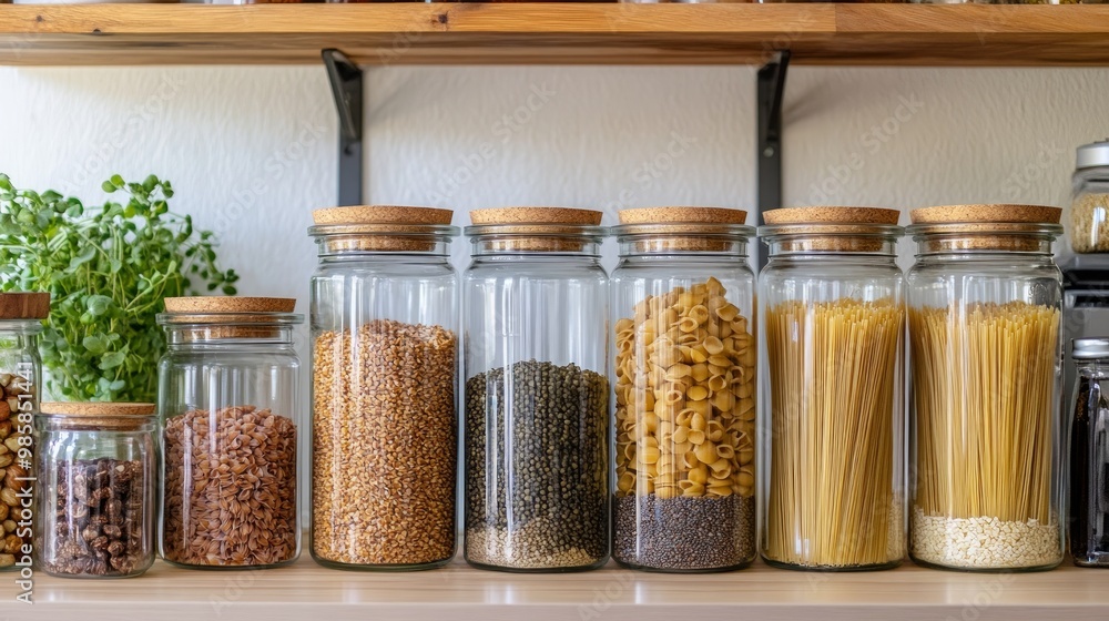 organization of food storage in the kitchen, transparent reusable jars for cereals and pasta, zero waste pantry organization of food storage in the kitchen, transparent reusable jars for cereals and pasta, zero waste pantry