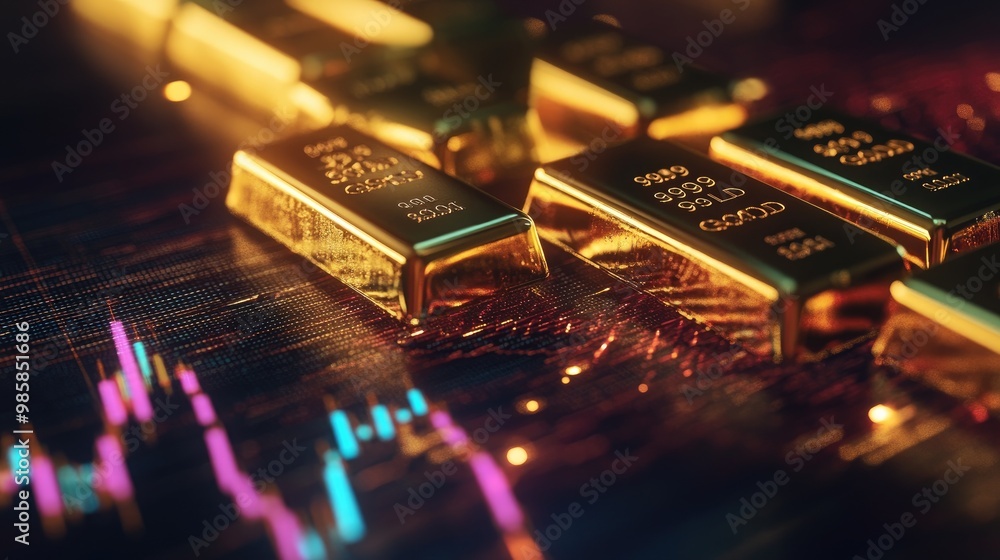 Gold price fluctuations: Gold bars placed on a digital financial chart, representing the changing price of gold over time. Gold price fluctuations: Gold bars placed on a digital financial chart, representing the changing price of gold over time.