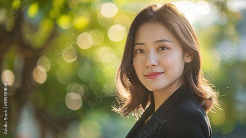 photograph of Portrait of a beautiful Asian woman in suit outdoors with a blurry business telephoto lens summer daylight cool color