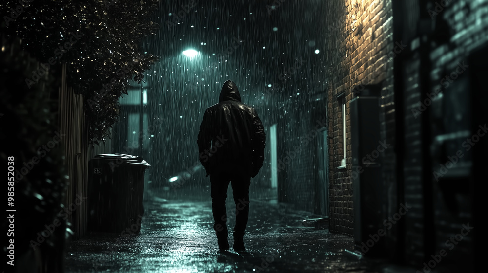 A masked figure emerging from a dimly lit alley, illuminated onl A masked figure emerging from a dimly lit alley, illuminated onl