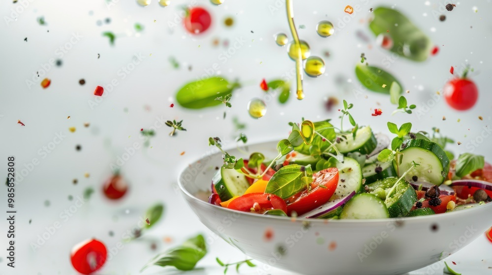 photograph of Vegetable salad in a bowl with flying ingredients and drops of olive oil. On a white background telephoto lens summer daylight cool color photograph of Vegetable salad in a bowl with flying ingredients and drops of olive oil. On a white background telephoto lens summer daylight cool color