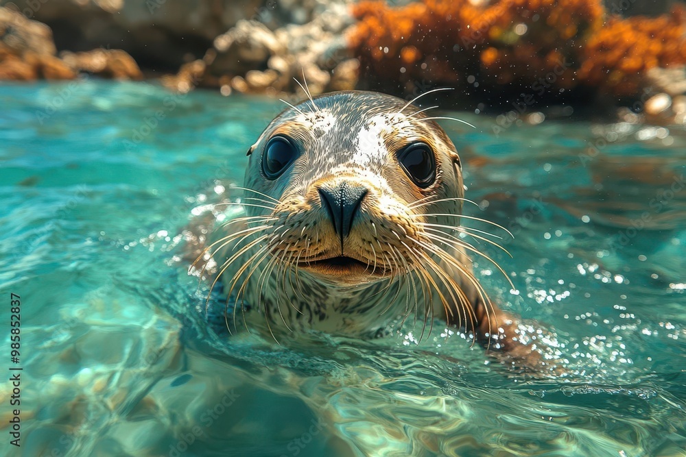 Fototapeta premium Curious Harbor Seal Peering Above Turquoise Waters with Whiskered Snout and Soulful Eyes 