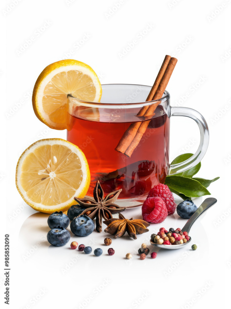 Herbal Tea with Cinnamon Sticks, Lemon, Berries, and Spices in Glass Cup Herbal Tea with Cinnamon Sticks, Lemon, Berries, and Spices in Glass Cup