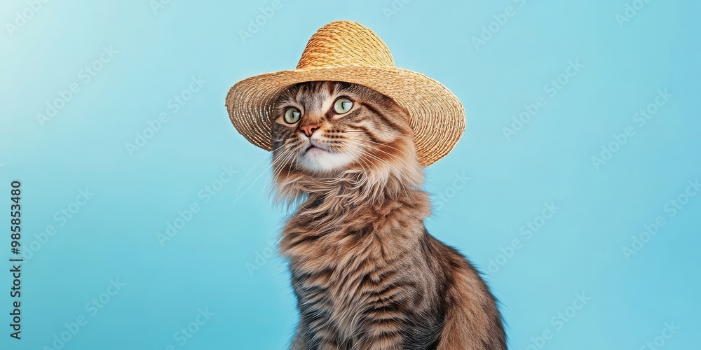 Obraz premium Tabby Cat in a Straw Hat Looking to the Side - Fun Pet Portrait for Animal Enthusiasts