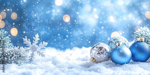 Christmas baubles in silver and blue resting on snow with snowflakes falling and a  bokeh background