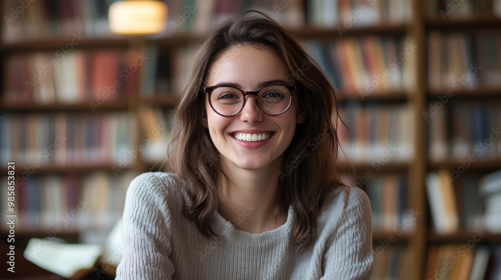 Portrait of a fair-skinned woman with glasses smiling genuinely, sitting at a desk in a well-lit library, bookshelves filled with books in the background Portrait of a fair-skinned woman with glasses smiling genuinely, sitting at a desk in a well-lit library, bookshelves filled with books in the background
