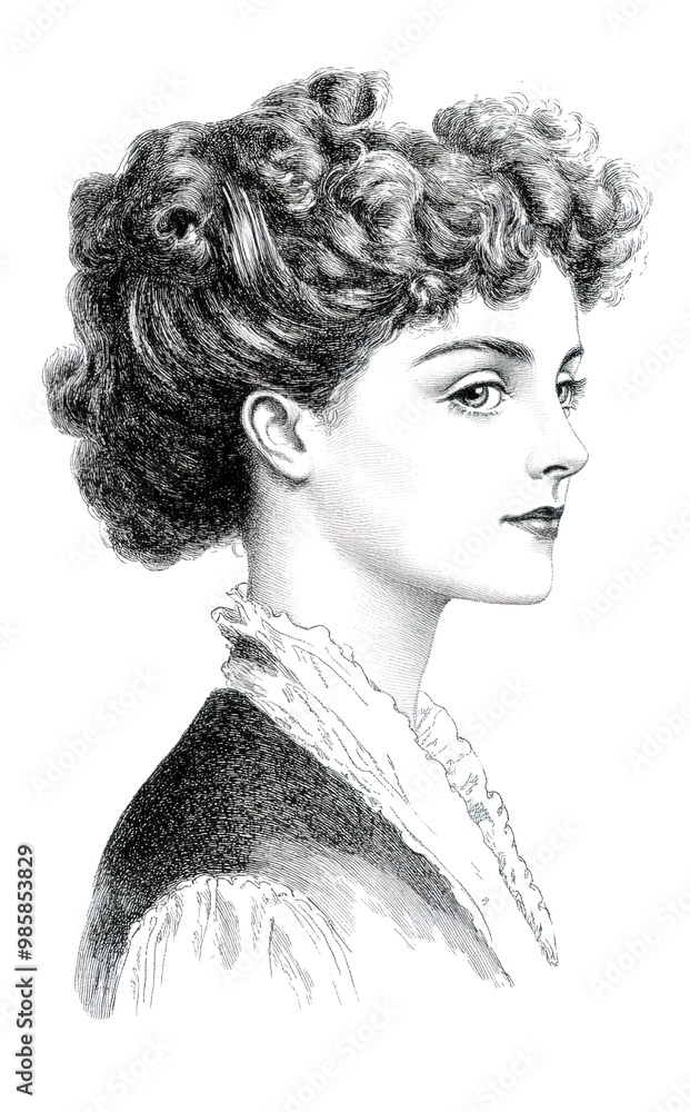 Fototapeta premium Vintage illustration of a lady with short, curly hair on a white background 