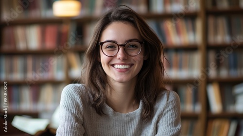 Portrait of a fair-skinned woman with glasses smiling genuinely, sitting at a desk in a well-lit library, bookshelves filled with books in the background