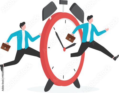 Time management or time travel to the future, time flied fast to work deadline, productivity or efficiency, effort or work schedule, evolution concept, businessman jump into clock to the future.

