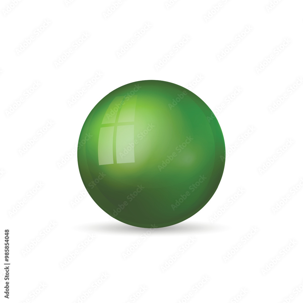 Glass green ball or precious pearl. Glossy realistic ball, 3D abstract vector illustration highlighted on a white background. Big metal bubble with shadow Glass green ball or precious pearl. Glossy realistic ball, 3D abstract vector illustration highlighted on a white background. Big metal bubble with shadow