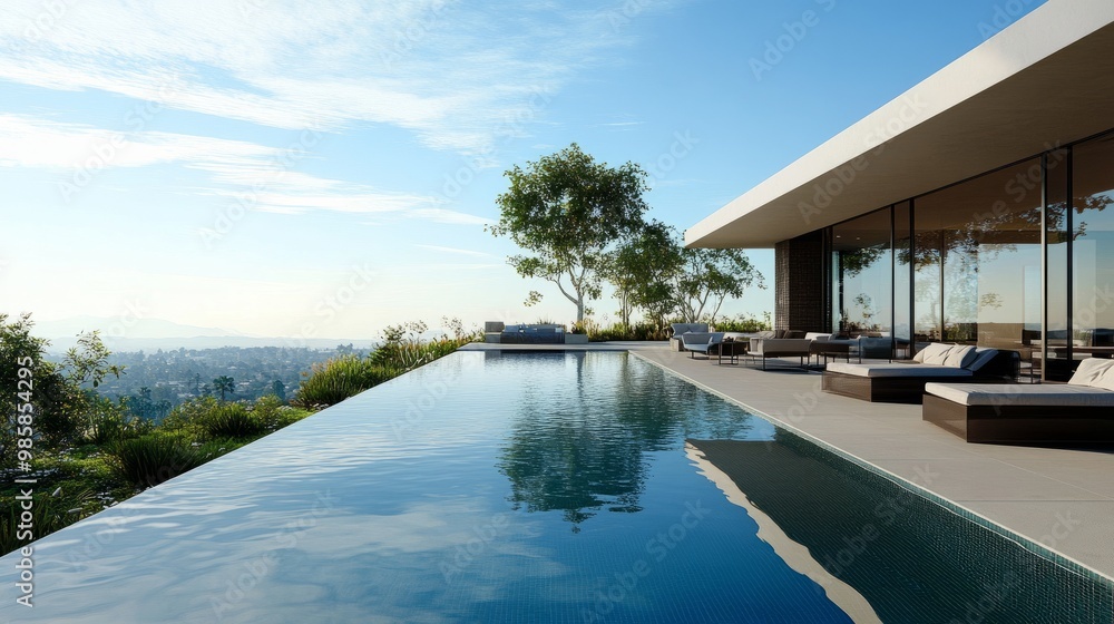 Fototapeta premium A luxurious infinity-edge swimming pool overlooking a scenic landscape, with modern patio furniture and a serene ambiance.