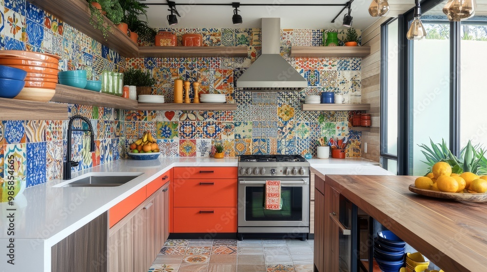 Bright and colorful kitchen with playful tile patterns, open shelving, and vibrant accents that add a fun, eclectic touch. Bright and colorful kitchen with playful tile patterns, open shelving, and vibrant accents that add a fun, eclectic touch.