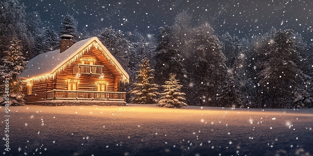 Cozy log cabin with Christmas lights in a snowy forest at night, surrounded by snow-covered trees and falling snowflakes Cozy log cabin with Christmas lights in a snowy forest at night, surrounded by snow-covered trees and falling snowflakes