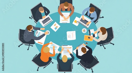 Aerial view of a diverse team collaborating around a circular table, engaged in discussion with laptops and documents.