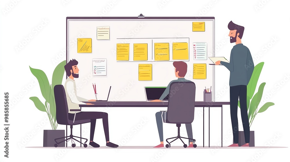 Three professionals collaborate in a modern office, discussing ideas at a meeting table with a whiteboard full of notes. Three professionals collaborate in a modern office, discussing ideas at a meeting table with a whiteboard full of notes.