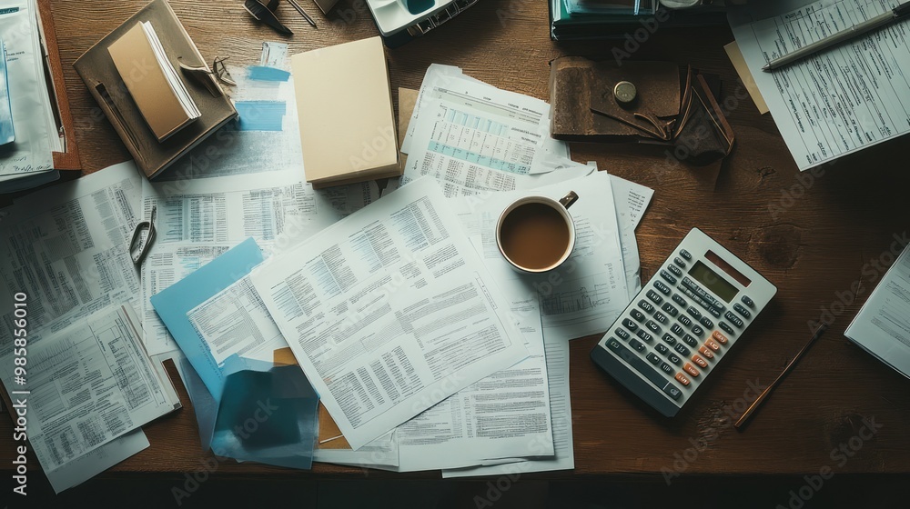Obraz premium Top view of a cluttered desk with financial reports, a calculator, and a cup of coffee, illustrating the daily life of an economist