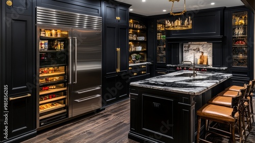 High-end kitchen featuring black cabinetry, marble countertops, and an integrated fridge with hidden paneling for a seamless look.