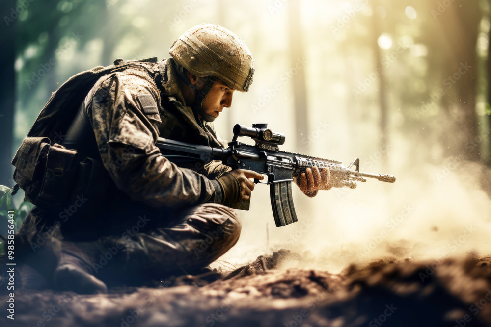 The army soldier shoots from a machine gun, kneeling, surrounded The army soldier shoots from a machine gun, kneeling, surrounded