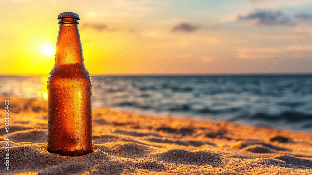 Tropical Bliss - Cold beer bottle on a sandy beach during sunset with copy space. Relaxation concept in paradise. Tropical Bliss - Cold beer bottle on a sandy beach during sunset with copy space. Relaxation concept in paradise.