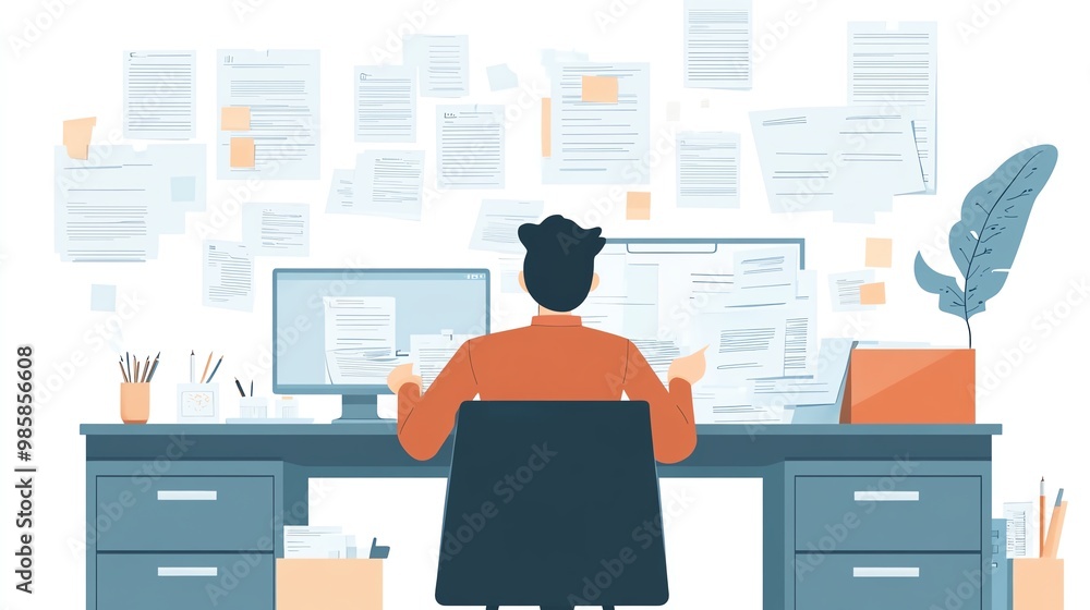 A focused worker at a cluttered desk surrounded by papers, engaged in computer tasks and managing paperwork efficiently. A focused worker at a cluttered desk surrounded by papers, engaged in computer tasks and managing paperwork efficiently.