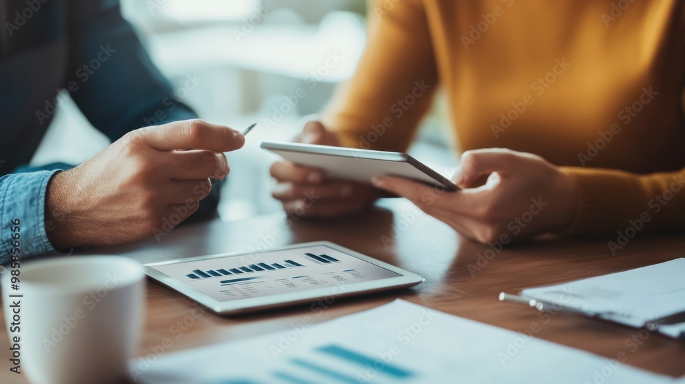 Two colleagues discussing financial trends while reviewing reports on a tablet, with a modern office environment and coffee cups on the table Two colleagues discussing financial trends while reviewing reports on a tablet, with a modern office environment and coffee cups on the table