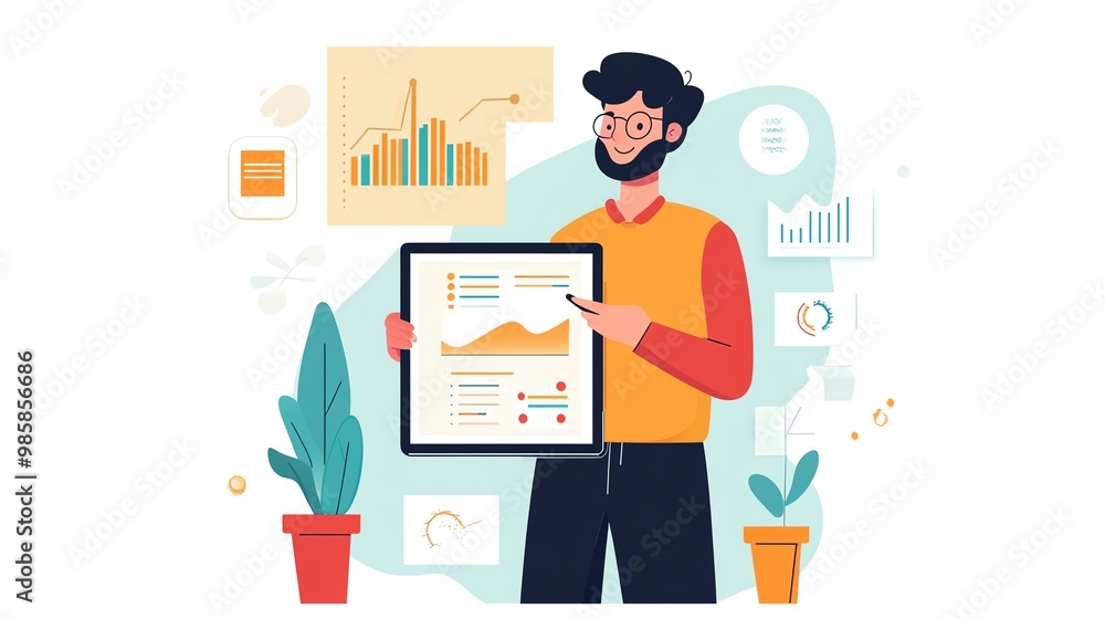 A man presenting a report with charts and graphs in an office setting, surrounded by plants and data visuals. A man presenting a report with charts and graphs in an office setting, surrounded by plants and data visuals.