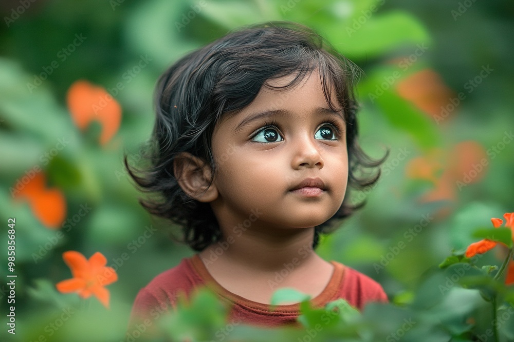 International children's day. Little girl looking up surrounded by nature on international children's day International children's day. Little girl looking up surrounded by nature on international children's day