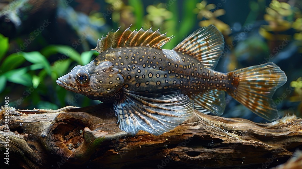 Obraz premium Spotted Fish on Driftwood in Aquarium.
