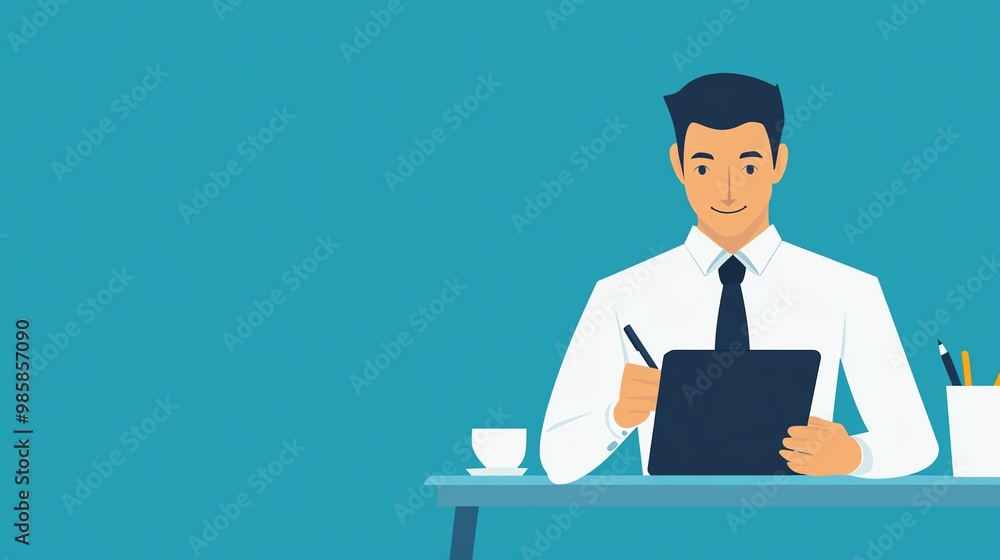 A professional man in a white shirt and tie sits at a desk, engaging with a tablet, exuding confidence and focus. A professional man in a white shirt and tie sits at a desk, engaging with a tablet, exuding confidence and focus.