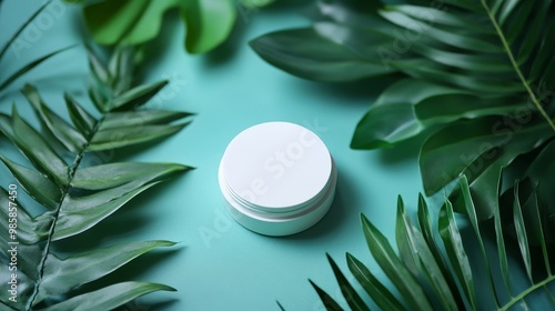 White round podium for presenting natural organic cosmetics, laid on green eco-friendly leaves in a minimalist flat lay background.  photo