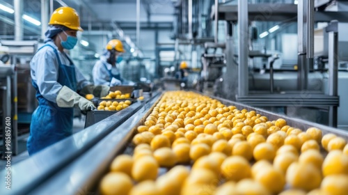 Workers wearing safety gear operating machinery on a food processing line in an industrial factory setting photo