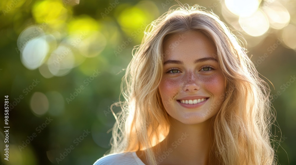 Young fair-skinned woman with blonde hair smiling softly, wearing a casual white shirt, sunlight illuminating her face in an outdoor setting with a blurred green background Young fair-skinned woman with blonde hair smiling softly, wearing a casual white shirt, sunlight illuminating her face in an outdoor setting with a blurred green background