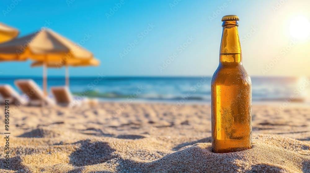 Serene Beach Day - Close-up of Beer Bottle in Sand with Umbrellas and Sunny Glow, Relaxation Concept with Copy Space Serene Beach Day - Close-up of Beer Bottle in Sand with Umbrellas and Sunny Glow, Relaxation Concept with Copy Space