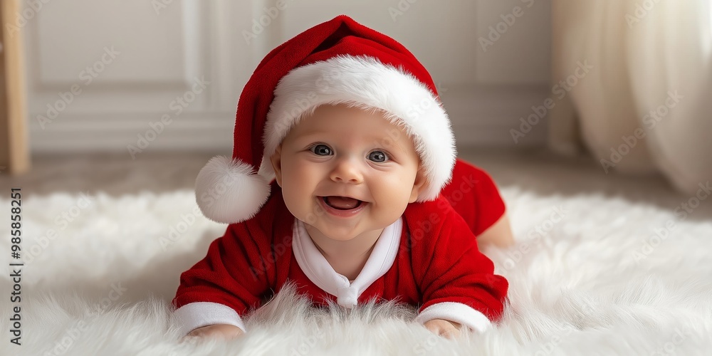 A baby wearing a red Santa hat and a red outfit is smiling. The baby is laying on a white rug A baby wearing a red Santa hat and a red outfit is smiling. The baby is laying on a white rug